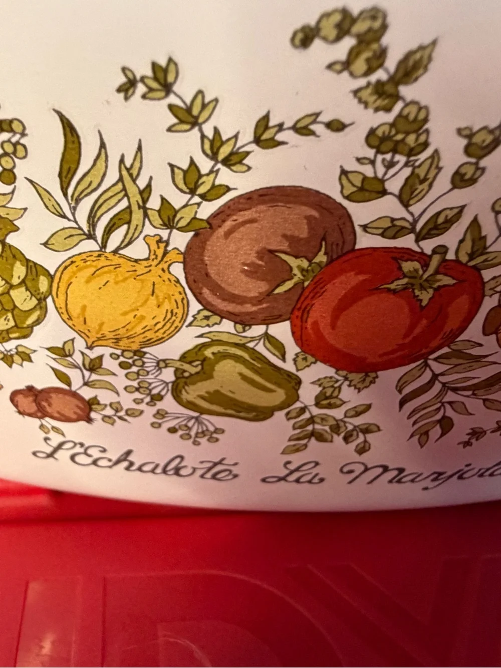 Vintage French Ceramic Bakeware with Colorful Vegetable Illustration